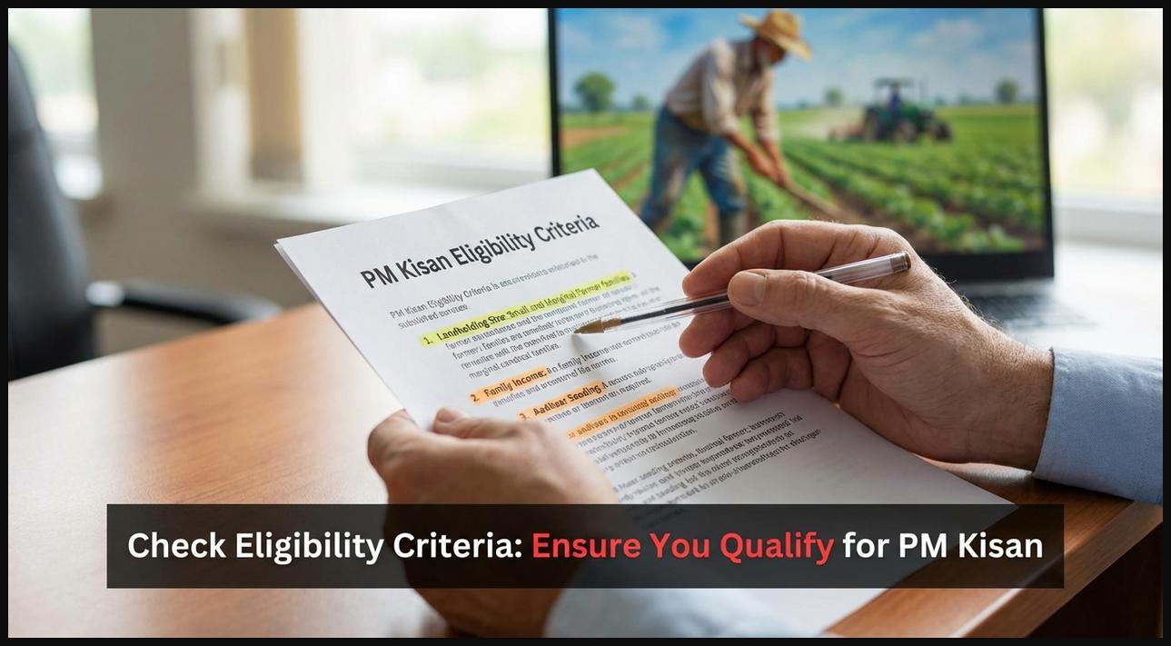 Hands reviewing a printed document outlining the eligibility criteria for the PM Kisan scheme on a desk.