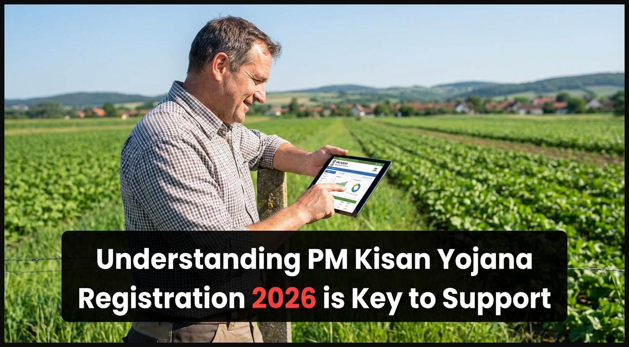 Farmer understanding the PM Kisan Yojana registration process for 2026 on a digital tablet in a rural field setting.