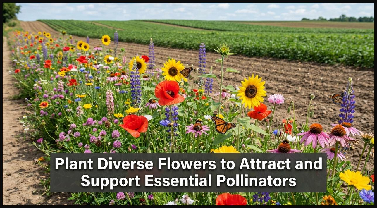 A strip of vibrant wildflowers alongside a farm field, attracting bees and butterflies, showcasing pollinator habitat creation.
