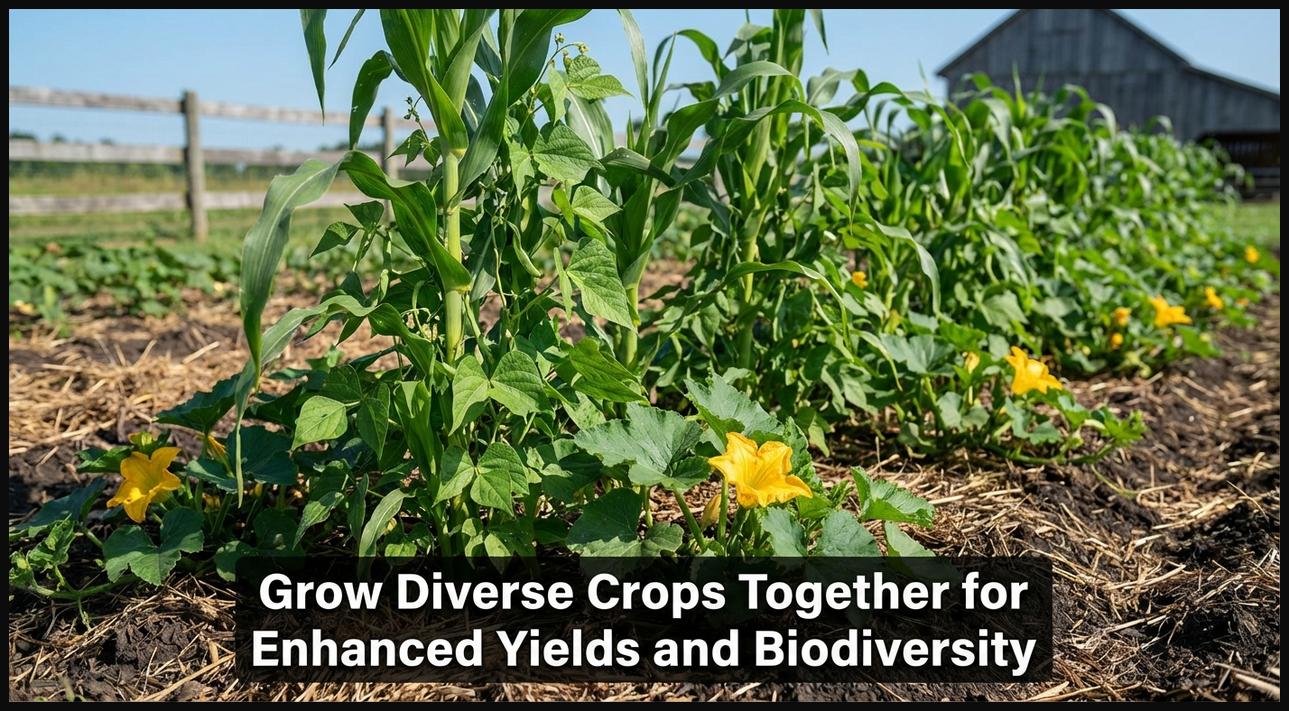 An intercropped field showing multiple crop types growing simultaneously, illustrating increased biodiversity and land use efficiency.