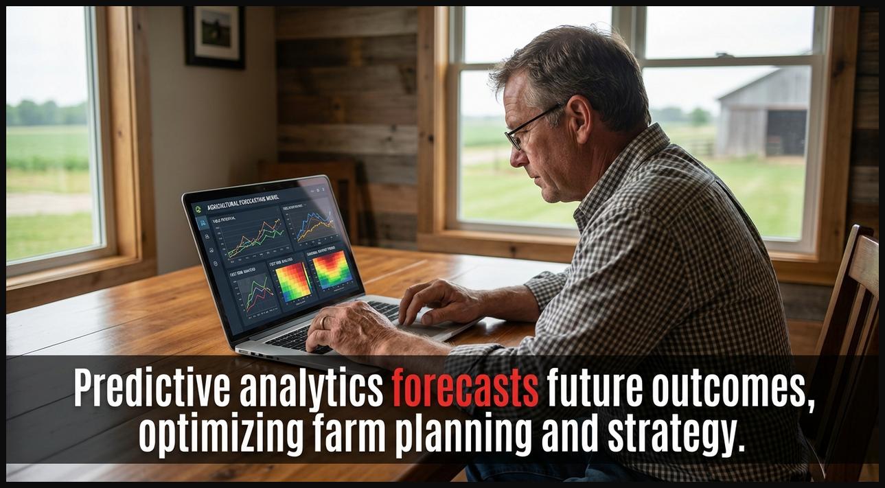 Farmer viewing predictive analytics software on a tablet, displaying yield forecasts and risk assessments for future farm planning.