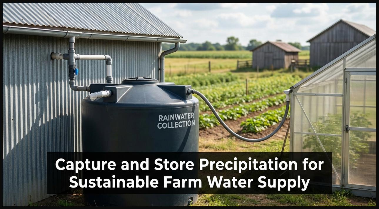 A rainwater harvesting tank collecting water from a farm building roof, highlighting sustainable water management for agriculture.