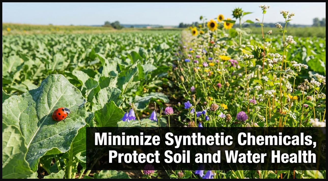 A healthy, vibrant crop field showing natural pest control, representing reduced reliance on synthetic chemical inputs in farming.