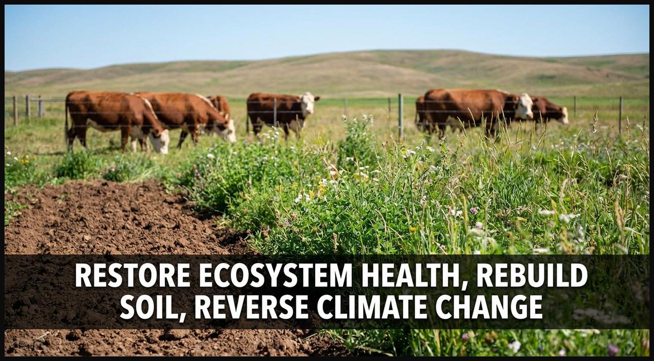 A thriving regenerative farm landscape with healthy soil, diverse crops, and integrated livestock, symbolizing ecosystem restoration and carbon sequestration.