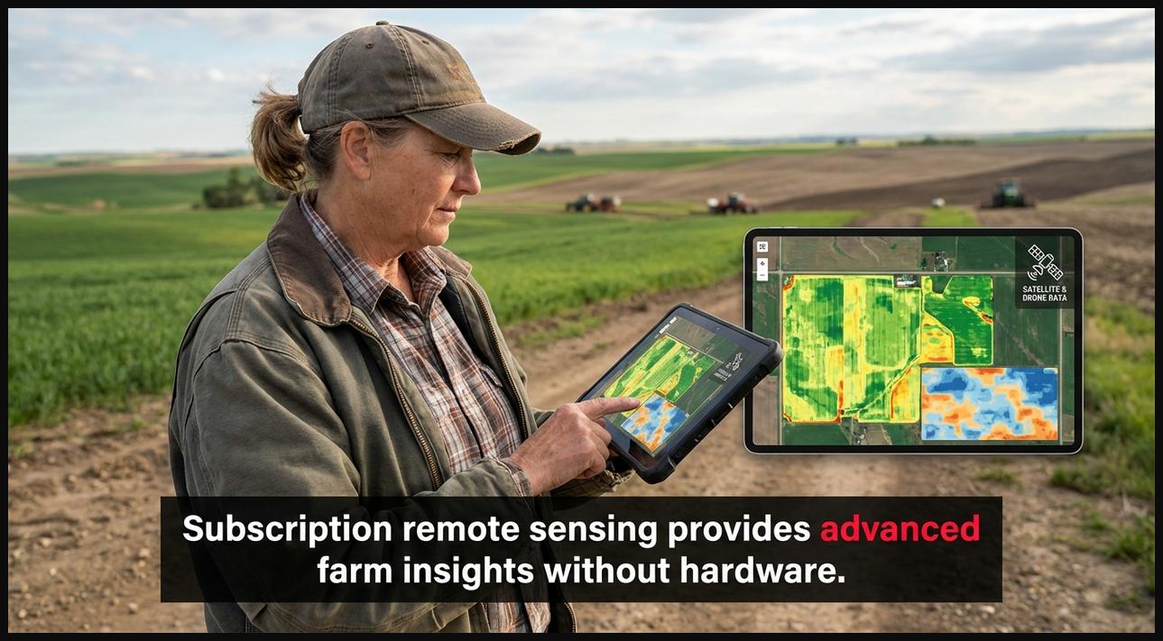 Farmer viewing remote sensing data on a tablet, provided by a subscription service, offering advanced farm insights.