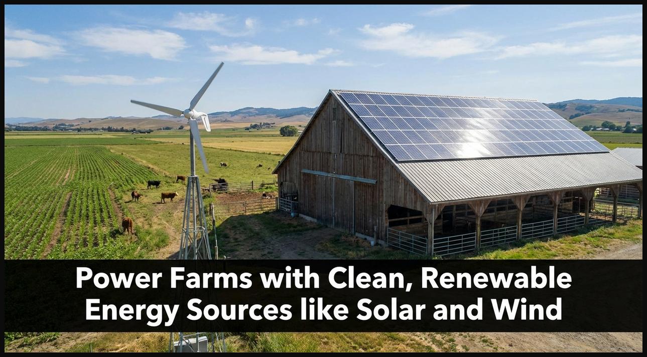 Solar panels on a barn roof and a wind turbine in a field, illustrating renewable energy integration on a modern farm.