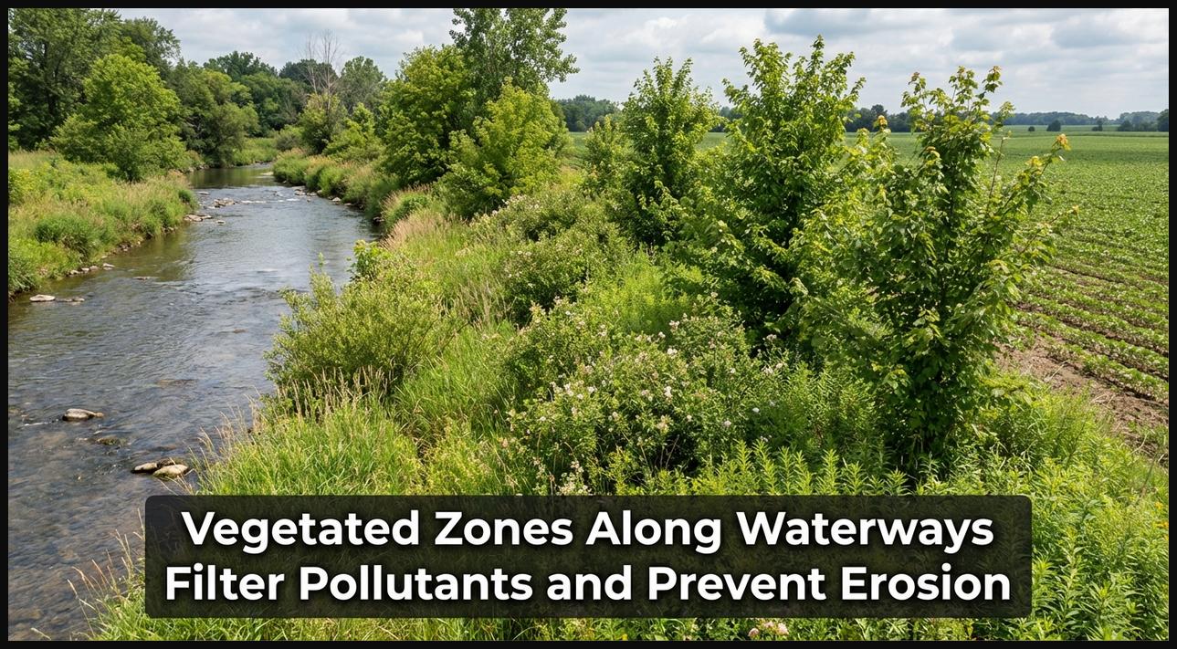A lush riparian buffer zone with native plants along a stream, filtering runoff and protecting water quality near farm fields.