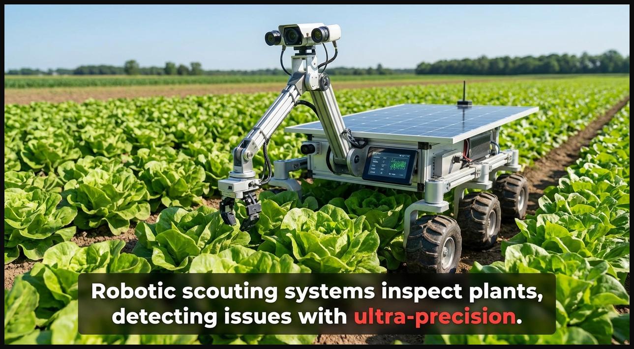 Autonomous agricultural robot moving through crop rows, meticulously inspecting plants with advanced sensors for issues.