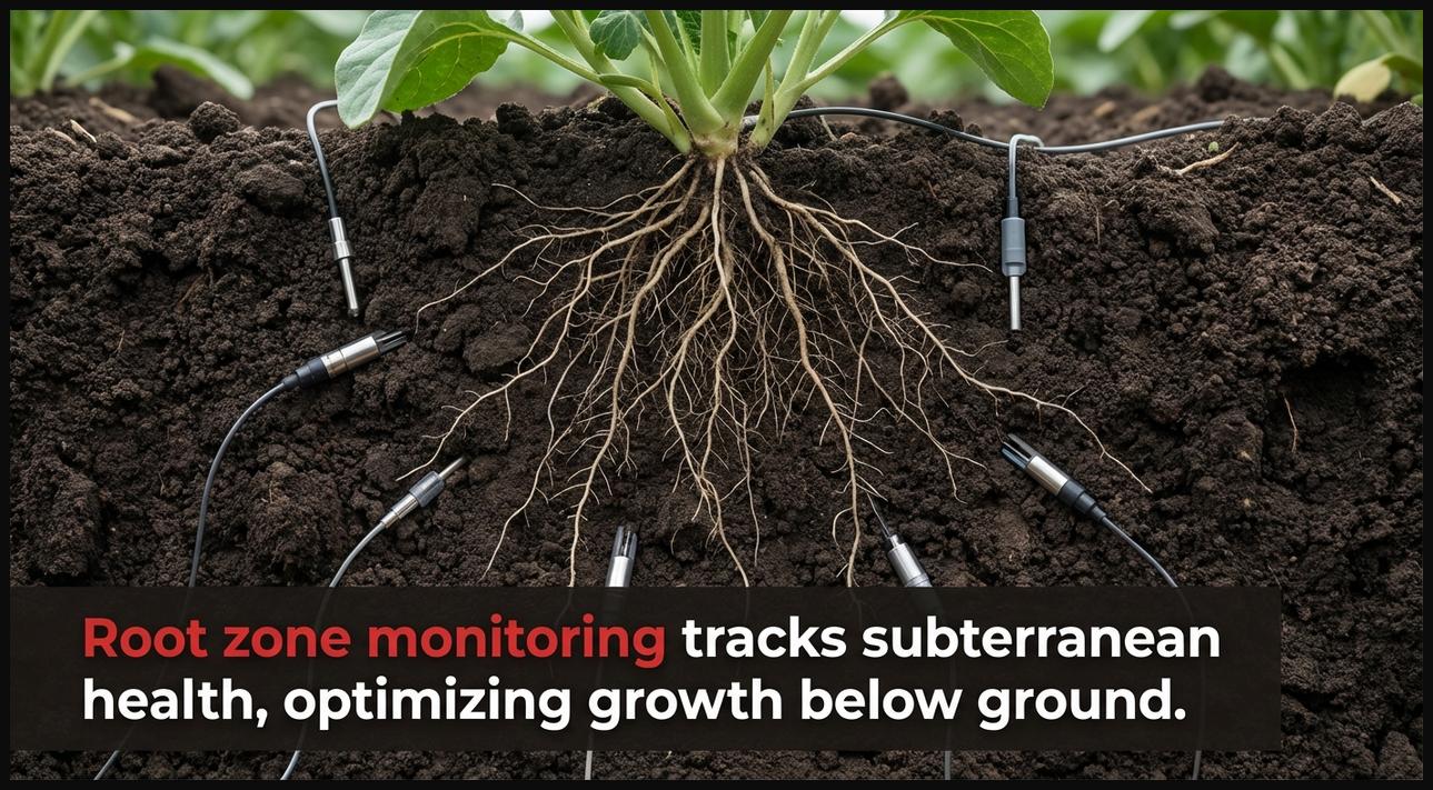 Cross-section of soil showing plant roots with integrated sensors, monitoring subterranean health and growth conditions.