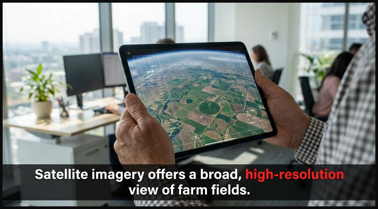 Satellite orbiting Earth, displaying agricultural fields with data overlays on a tablet, demonstrating broad crop monitoring capabilities.