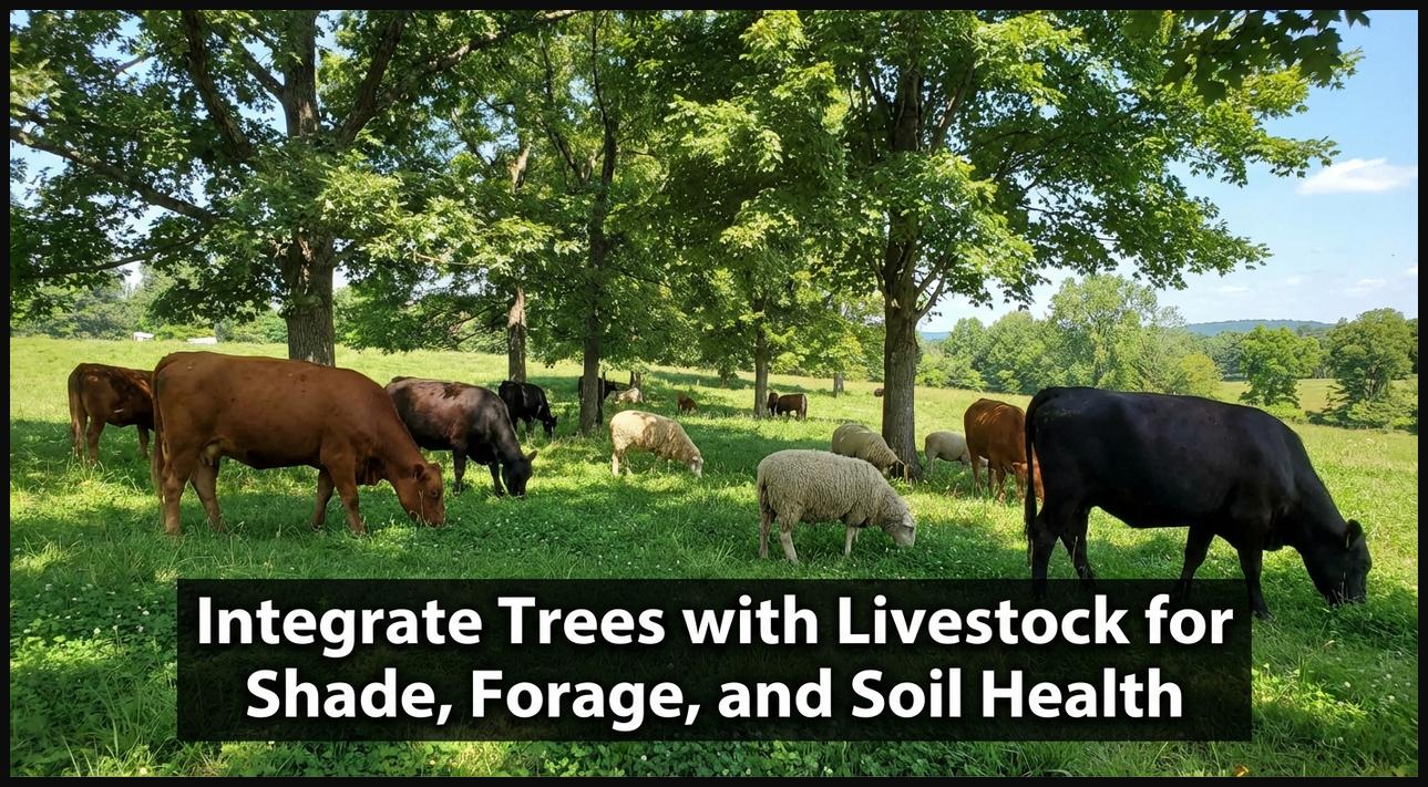 Livestock grazing under trees in a silvopasture system, showcasing the integration of trees, forage, and animals for multiple benefits.