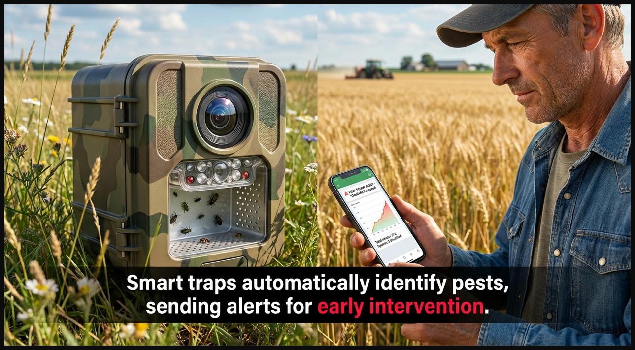 Smart pest and disease trap in a crop field, connected to a smartphone displaying real-time pest alerts for targeted action.