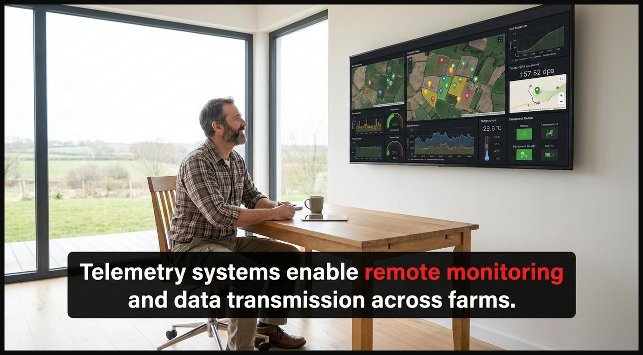 Farmer in an office viewing a telemetry dashboard, monitoring real-time data from remote farm sensors and equipment.