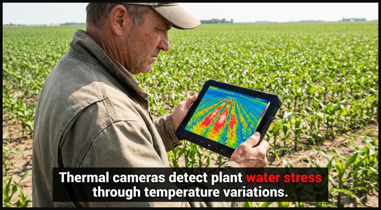 Tablet displaying a thermal camera map of a crop field, highlighting warmer areas indicating plant water stress.
