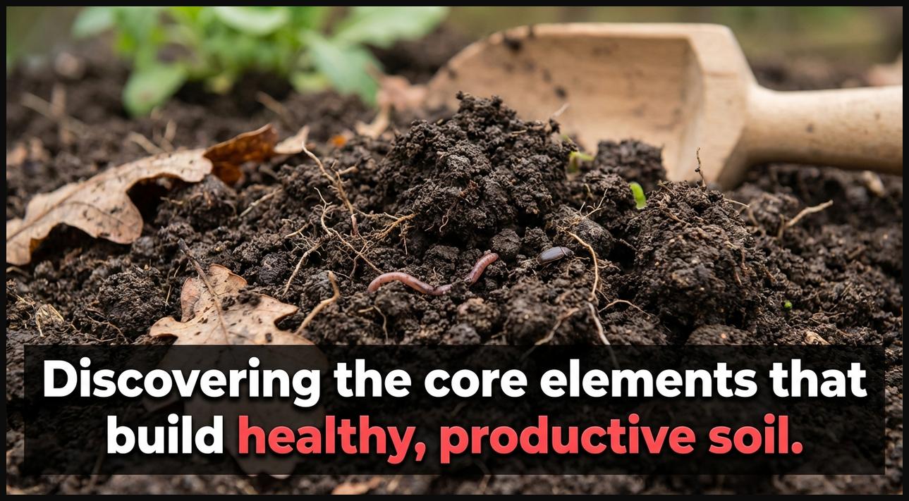Close-up of rich, dark, healthy soil teeming with organic matter and fine roots, illustrating the fundamental components of soil health.
