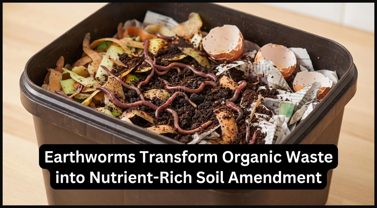 A vermicompost bin with earthworms processing organic waste into nutrient-rich soil amendment, showcasing waste management.