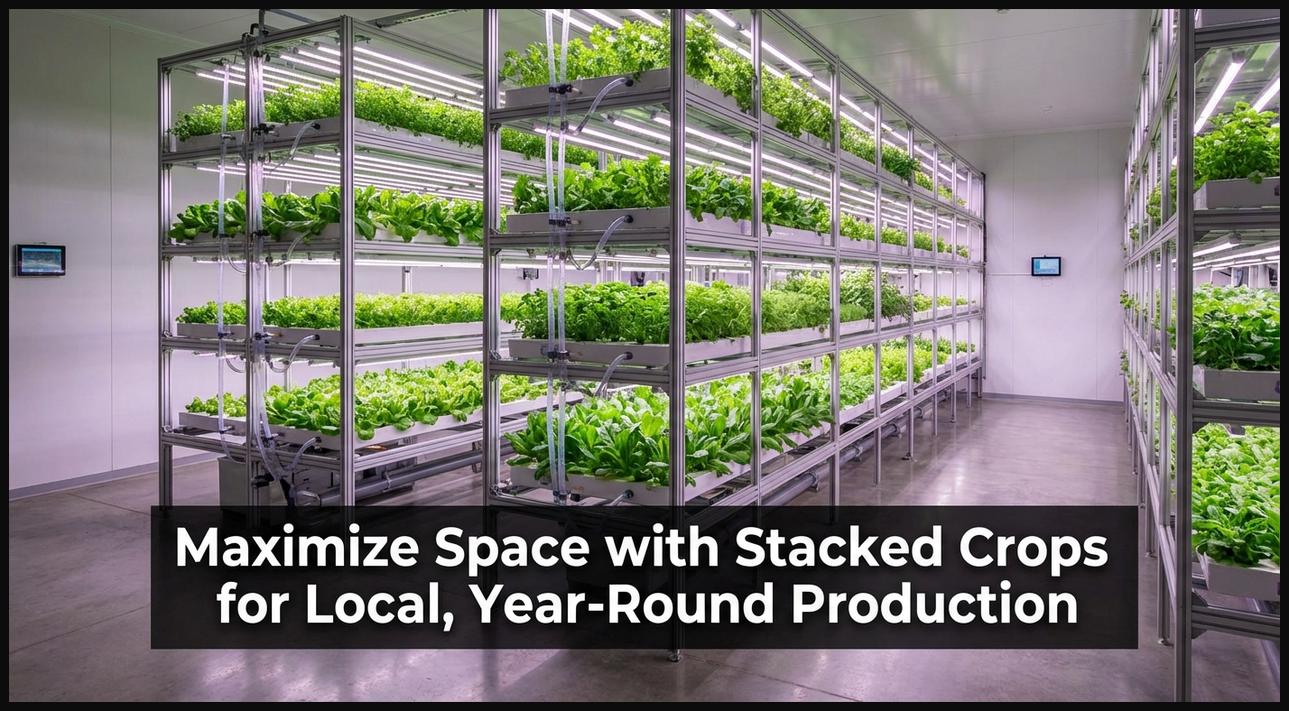 A sustainable vertical farm interior with crops growing in stacked layers under controlled lighting, maximizing space for production.