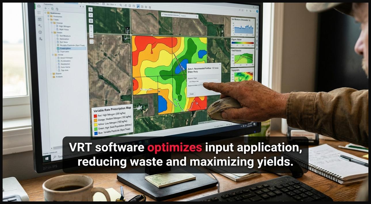 Computer screen displaying Variable Rate Technology (VRT) software with a color-coded field map for optimized input application.