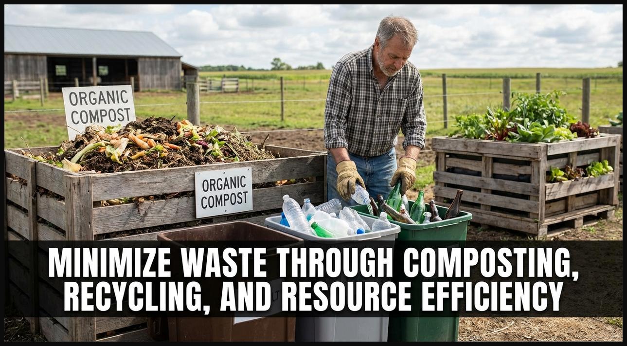 A farm showing elements of waste reduction, such as a compost bin and sorted recyclables, demonstrating resource efficiency.