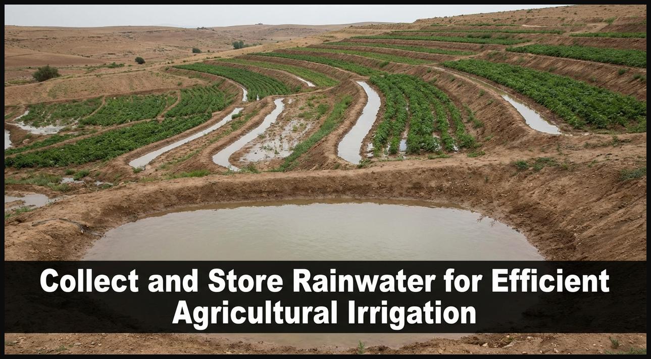 A water harvesting system in an agricultural field, showcasing the collection and storage of rainwater for irrigation purposes.