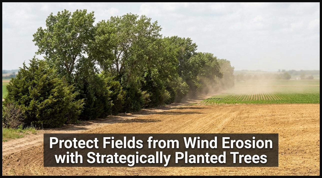 A line of trees serving as a windbreak along an agricultural field, protecting crops from wind erosion and harsh weather.