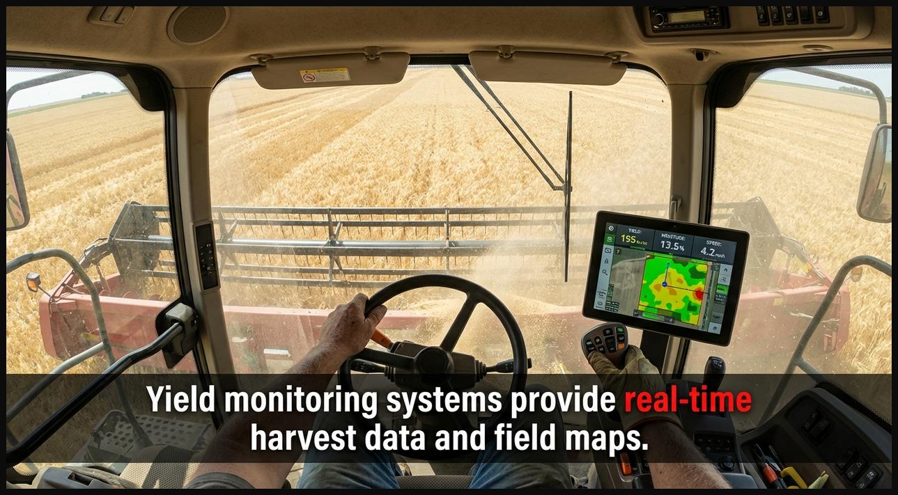 Combine harvester's cab display showing real-time yield data and GPS-mapped yield variations during harvest.